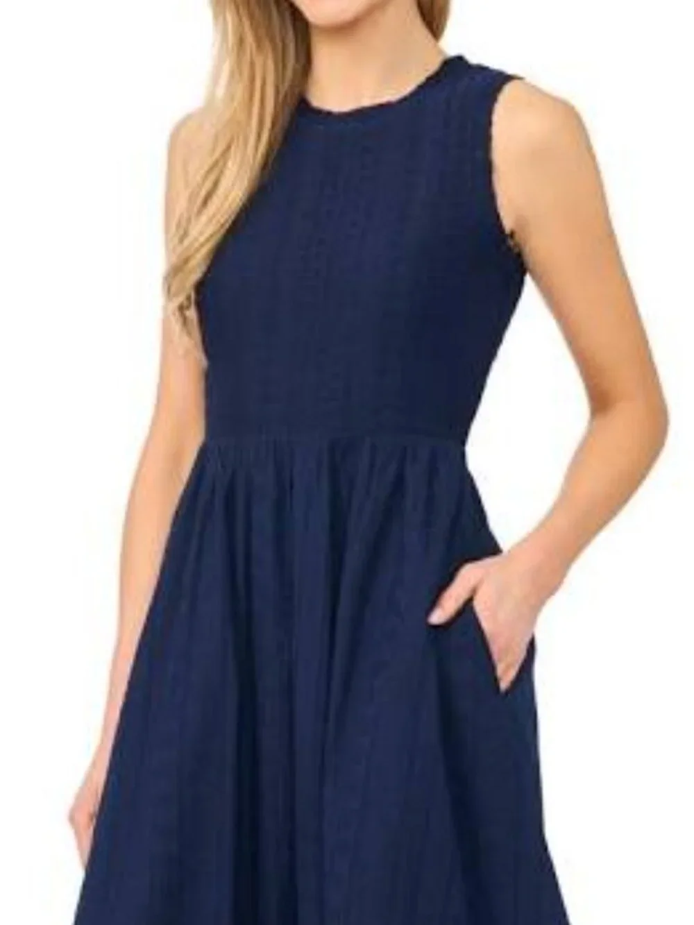 LOFT Petite Navy Embroidered Fit Flare Dress Pockets Sleeveless Eyelet Trim 8P - Picture 1 of 5
